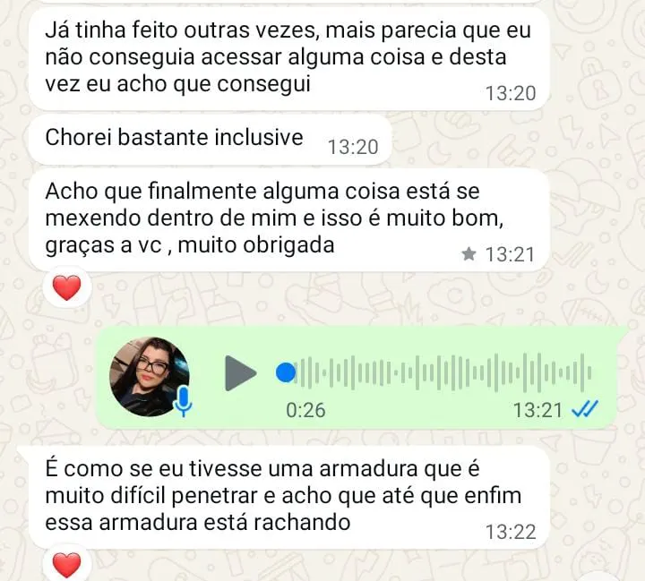 Print de conversa no WhatsApp com depoimento de paciente sobre acessar algo profundo