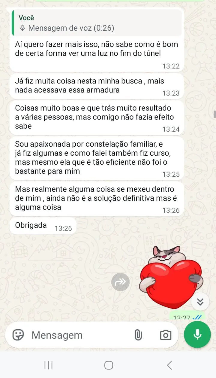 Print de conversa no WhatsApp com depoimento de paciente sobre outras terapias e resultados