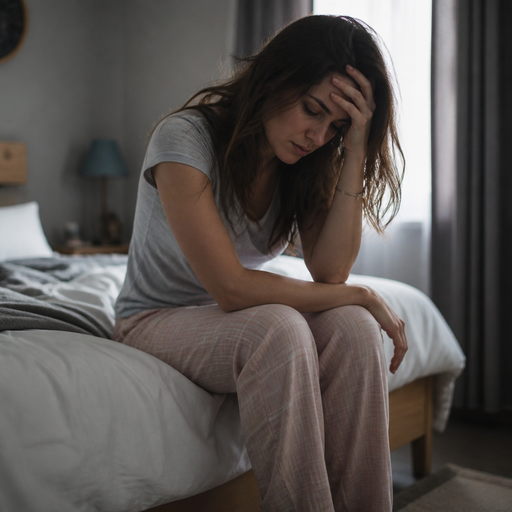 Mulher sentada na cama, cansada, representando dificuldades com corpo e sono