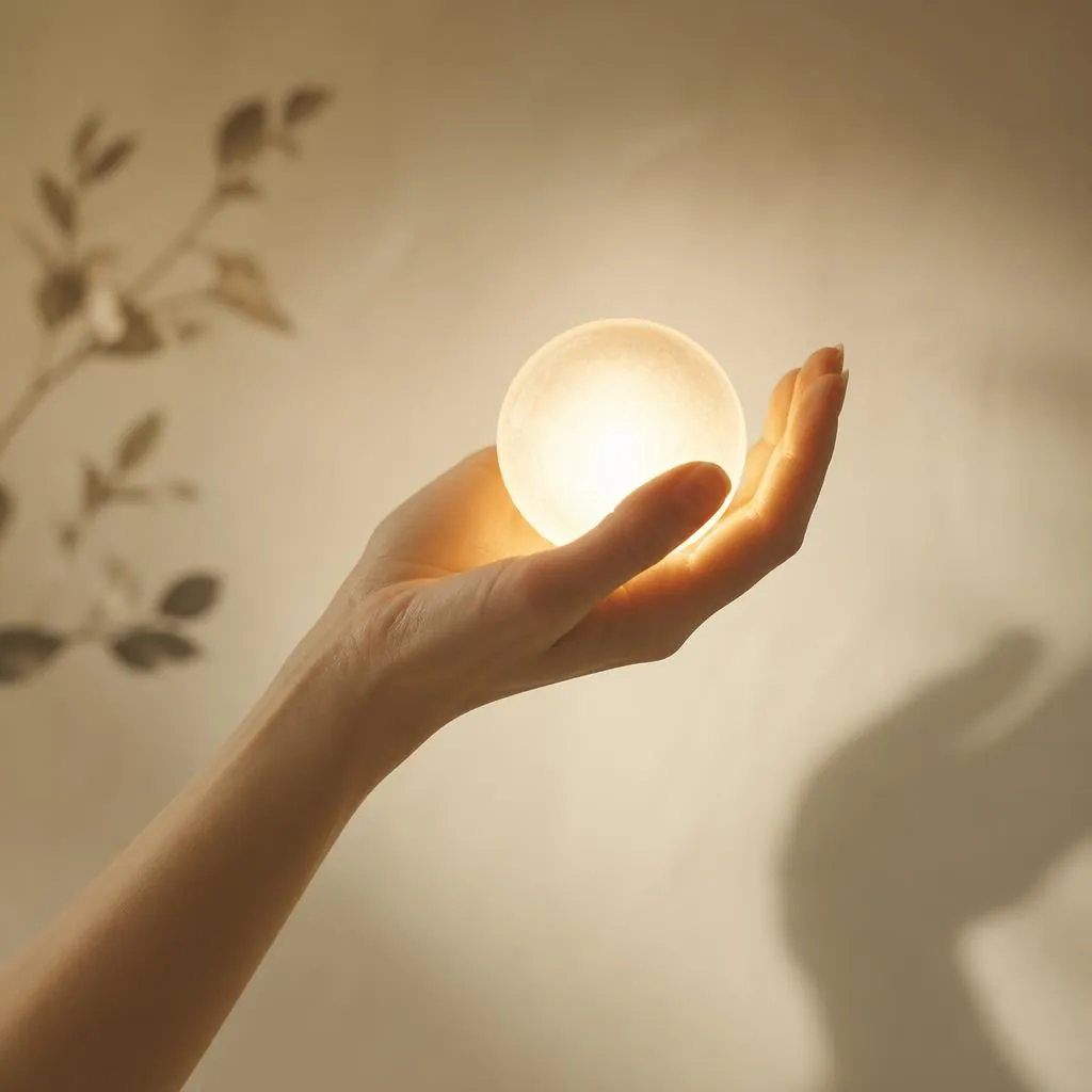 Mão segurando luz suave, representando equilíbrio emocional