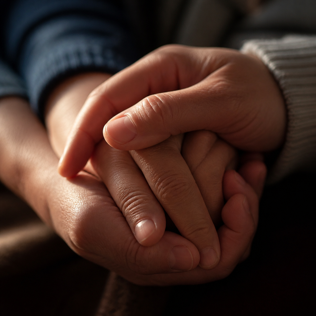 Duas mãos segurando uma a outra com cuidado, representando conexão e relacionamentos